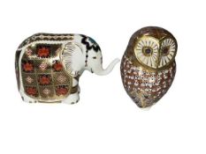 Two Royal Crown Derby paperweights, elephant and owl.