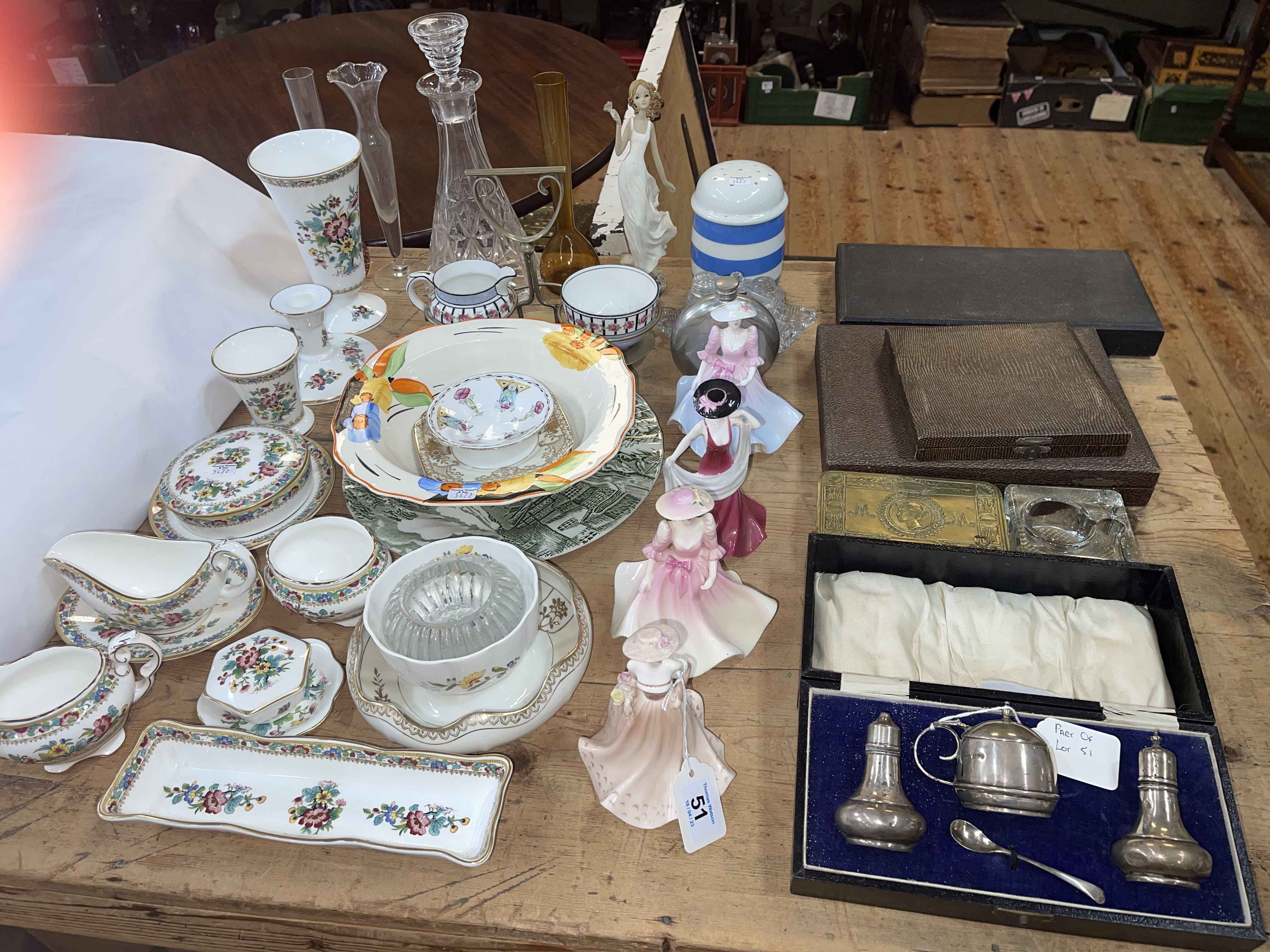 Silver cased cruet set, four Coalport lady figurines, Ming Rose Coalport, 1914 Christmas tin, etc.