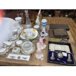 Silver cased cruet set, four Coalport lady figurines, Ming Rose Coalport, 1914 Christmas tin, etc.