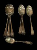 Box with silver spoons, four dessert spoons, three soup spoons, and one teaspoon.