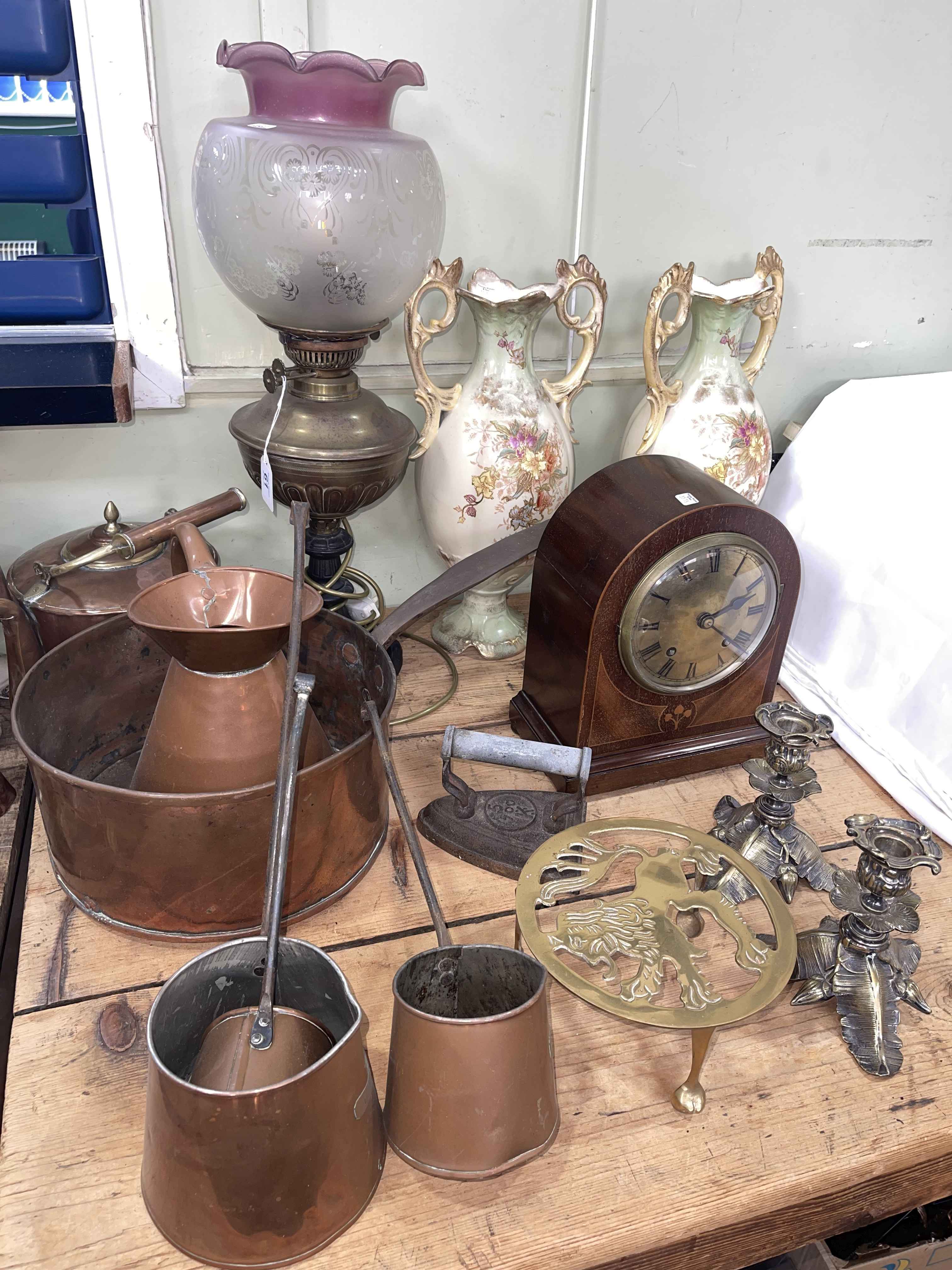 Edwardian inlaid mantel clock, Victorian etched glass oil lamp, copper jam pan, copper kettle,