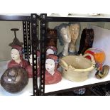 Collection of busts, Oriental style bottle holders, pair of candlesticks, sculptures, etc.