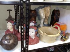 Collection of busts, Oriental style bottle holders, pair of candlesticks, sculptures, etc.