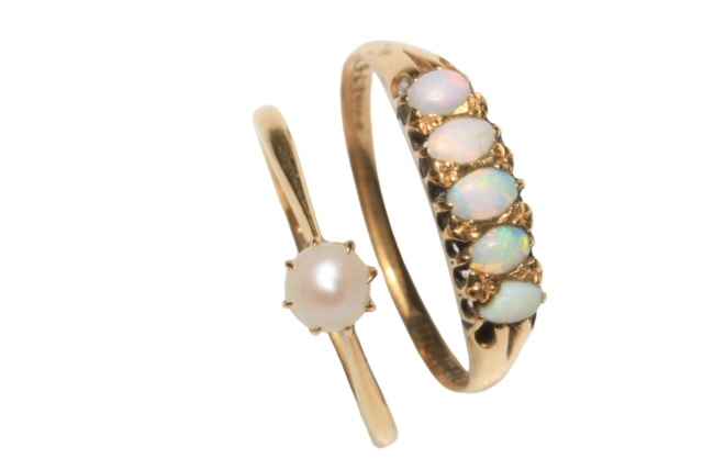 Opal five stone 18 carat gold ring, size Q, and 18 carat gold pearl ring (2).