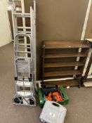 Three pairs of aluminium steps, folding sack barrow and box of power tools.