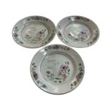 Set of three 18th Century Chinese famille rose plates, 22cm diameter.