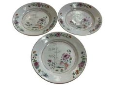 Set of three 18th Century Chinese famille rose plates, 22cm diameter.