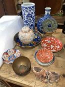 Collection of Oriental wares including blue and white vases, soapstone, Imari bowl, ginger jar, etc.