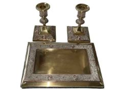 Good quality 19th Century copper and brass blotter and candlesticks with filigree and mask
