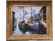 Fishing Boats at Dock, signed oil on canvas, 49cm by 59cm, in gilt frame.