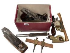 Box of vintage tools including planes.