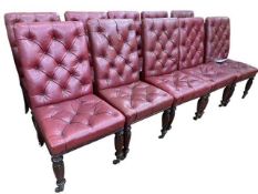 Kendell & Co set of ten Victorian mahogany boardroom chairs in red buttoned hide.