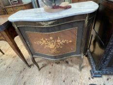Continental inlaid and gilt mounted serpentine front cabinet with marble top, 82cm by 88cm by 43cm.