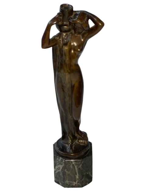 S Bauer, good bronze sculpture of semi-naked maiden water carrier, on octagonal marble base, signed,