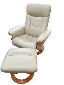 Stressless style ivory leather reclining chair and footstool.