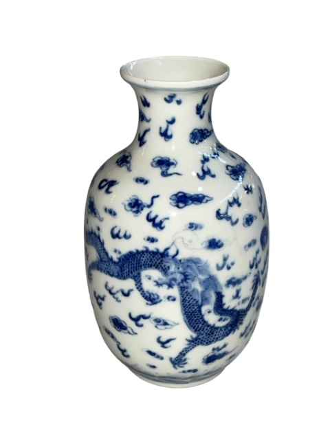 Chinese blue and white vase decorated with dragons and clouds, six character mark to base, 16cm.