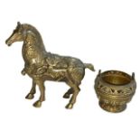 Chinese brass horse with embossed decoration and character mark to base, and a small bronze censor.