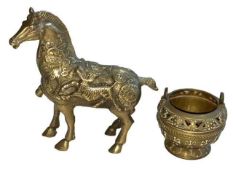 Chinese brass horse with embossed decoration and character mark to base, and a small bronze censor.