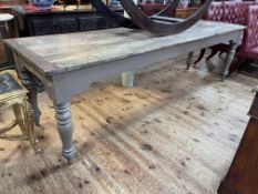 Victorian plank top and painted rectangular pine table, 77cm by 261cm by 76cm.