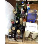 Collection of spirits and wine including Bells Whisky 1 litre, Three Barrels Brandy 1 litre,