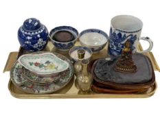 Chinese ginger jar, pair of bronze vases, Chinese blue and white bowls and mug,