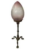 Edwardian brass railway carriage lamp with etched cranberry shade, 45cm.