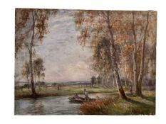 A J Billinghurst, The River Crossing, oil on canvas, signed lower right, 45.5cm by 61cm, unframed.