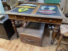 Victorian oak two drawer writing table and vintage canvas bound trunk (2).