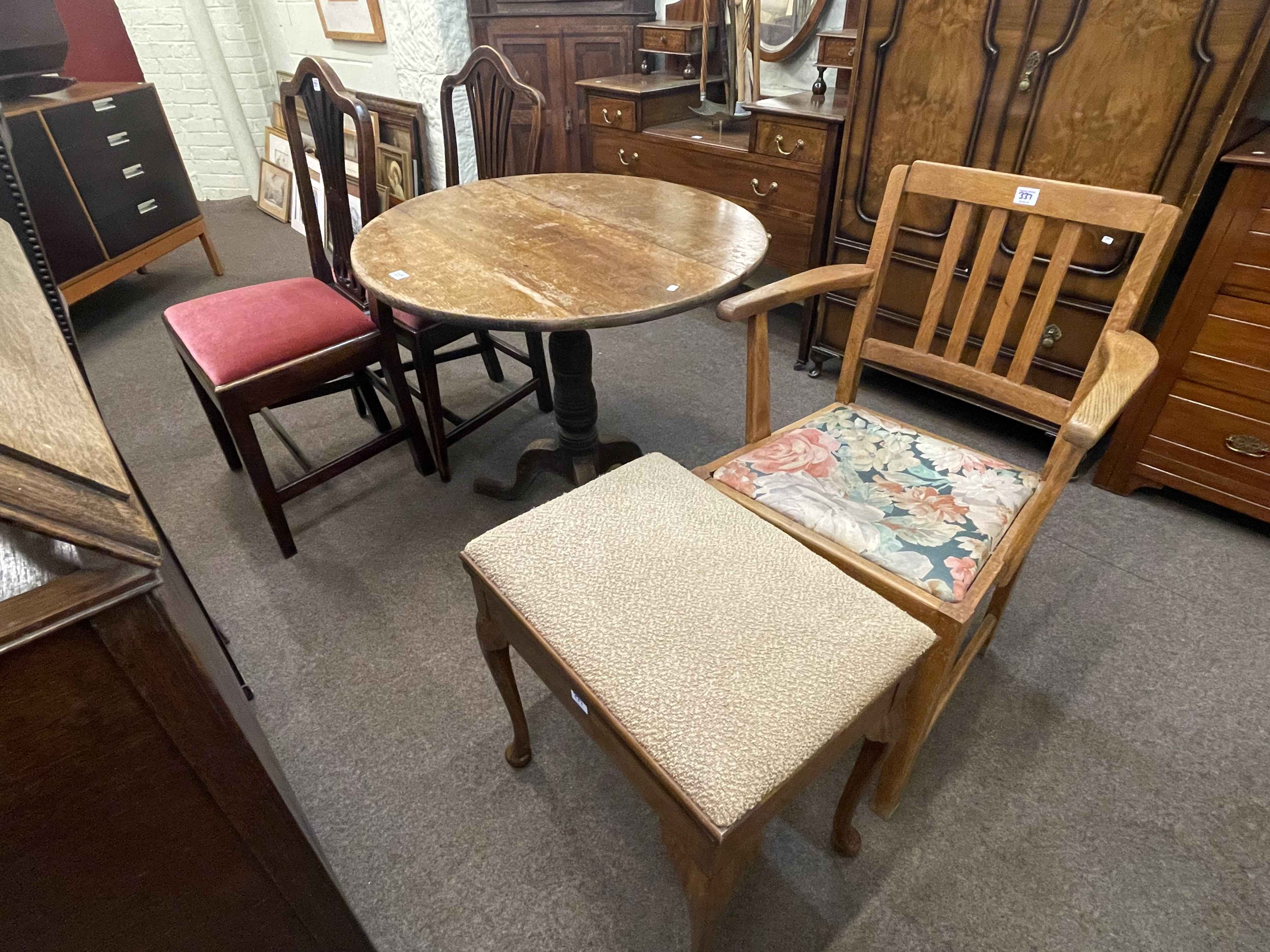 Victorian oak circular snap top supper table, pair Chippendale style dining chairs,