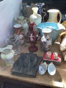 Collection of vases including Mary Gregory ruby glass, Oriental etc, and three lead fire plaques.