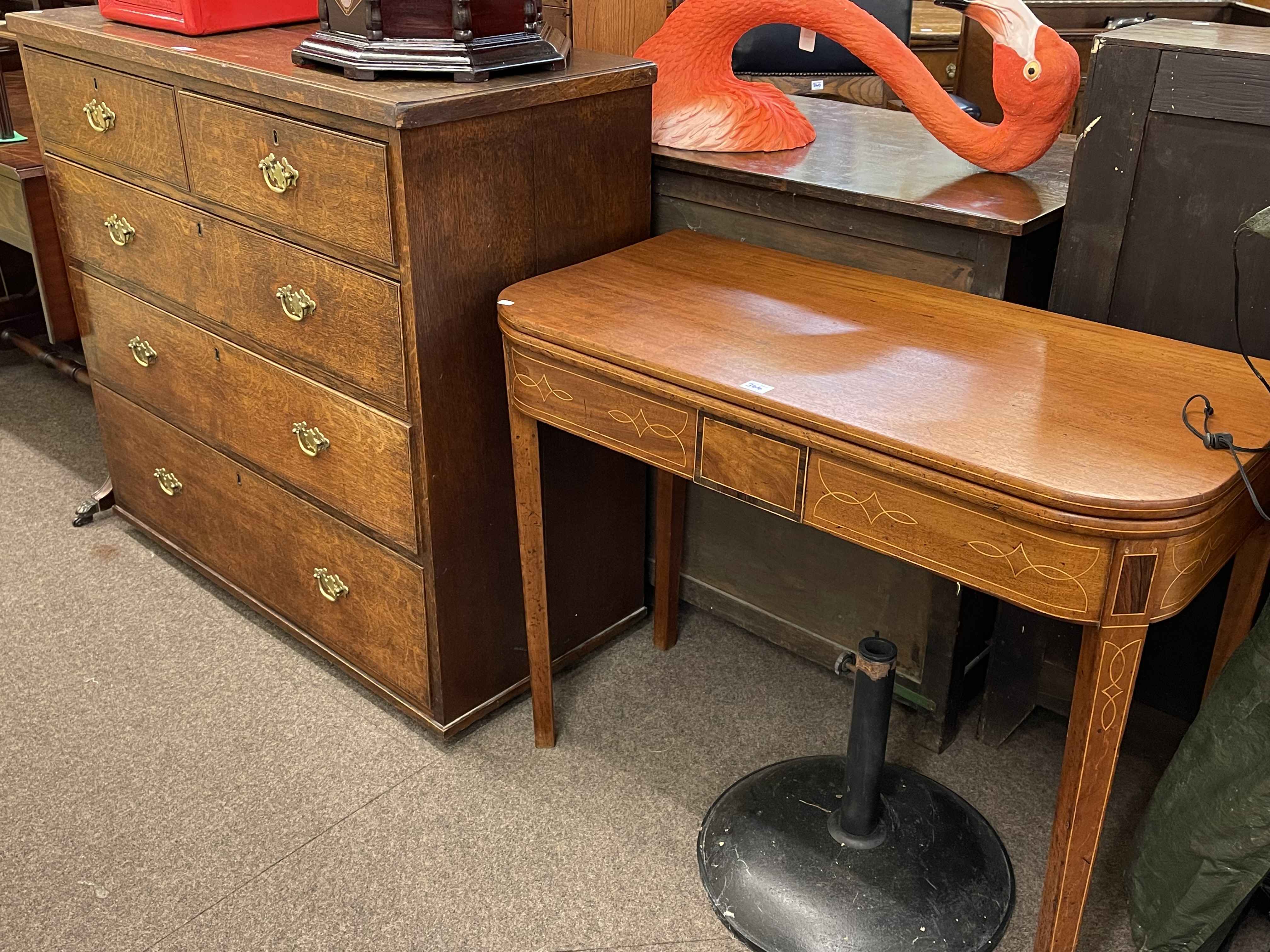 Georgian oak chest of two short above three long drawers and Victorian mahogany fold top tea table