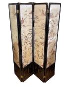 Oriental black lacquered and glazed needlework panel four fold vanity screen, 161cm.