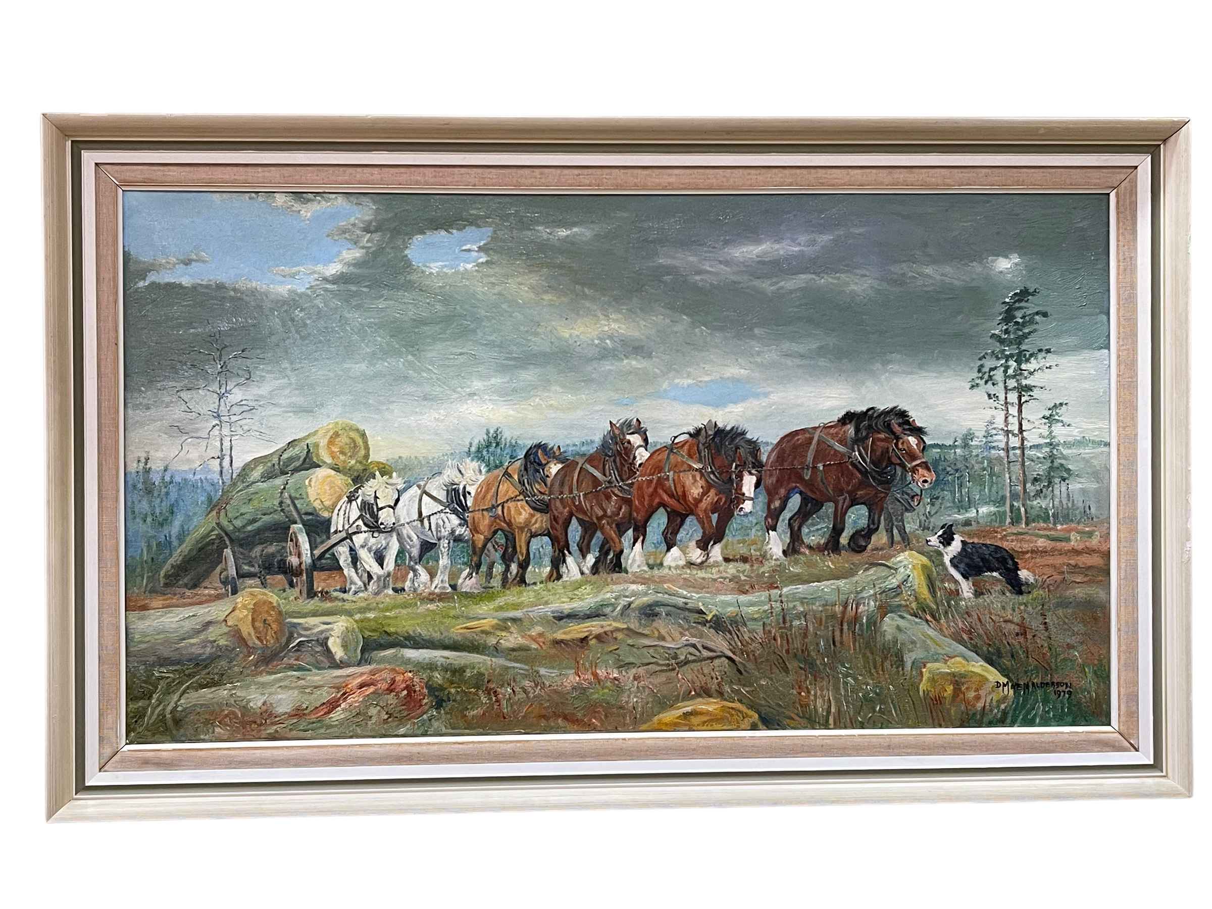 DM & EM Alderson, Farmer Leading Working Shire Horses, oil on canvas,
