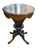 Victorian mahogany and inlaid walnut oval work table, 74cm by 50cm by 40cm.