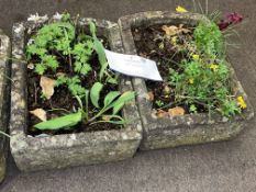 Pair rectangular bow end weathered garden planters, 17cm by 37cm by 52cm.