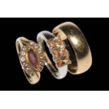 9 carat gold wedding band ring, size U, 9 carat gold gem set ring, and silver ring (3).