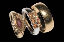 9 carat gold wedding band ring, size U, 9 carat gold gem set ring, and silver ring (3).