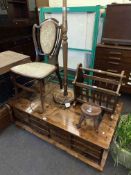 Low multi-drawer storage centre table, Edwardian mahogany occasional chair, standard lamp and shade,