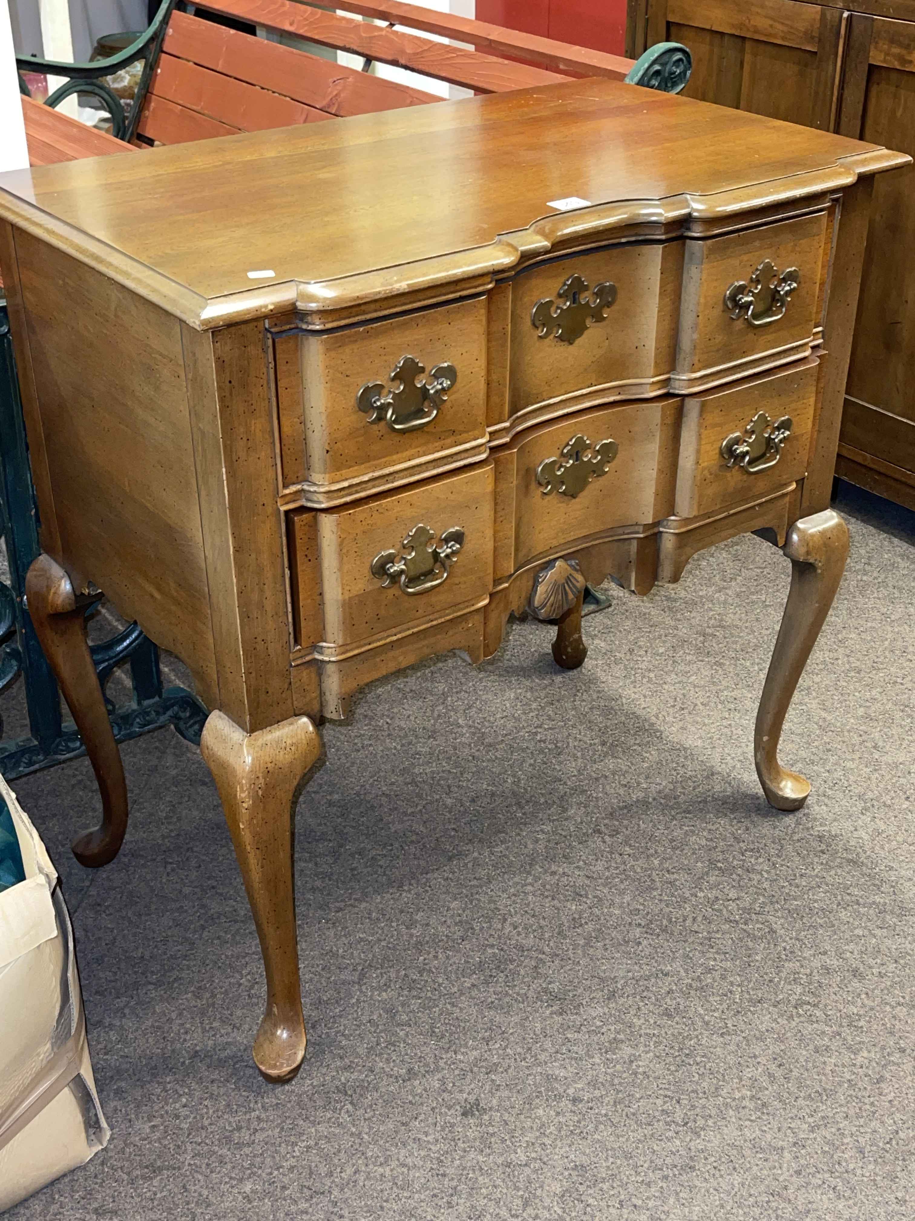 Double shaped front two drawer lowboy on cabriole legs, 78cm by 77cm by 45.5cm.