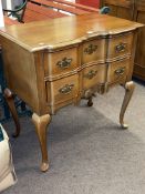 Double shaped front two drawer lowboy on cabriole legs, 78cm by 77cm by 45.5cm.