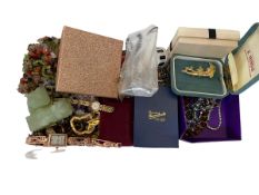 Box of jewellery including gold ring and chain.
