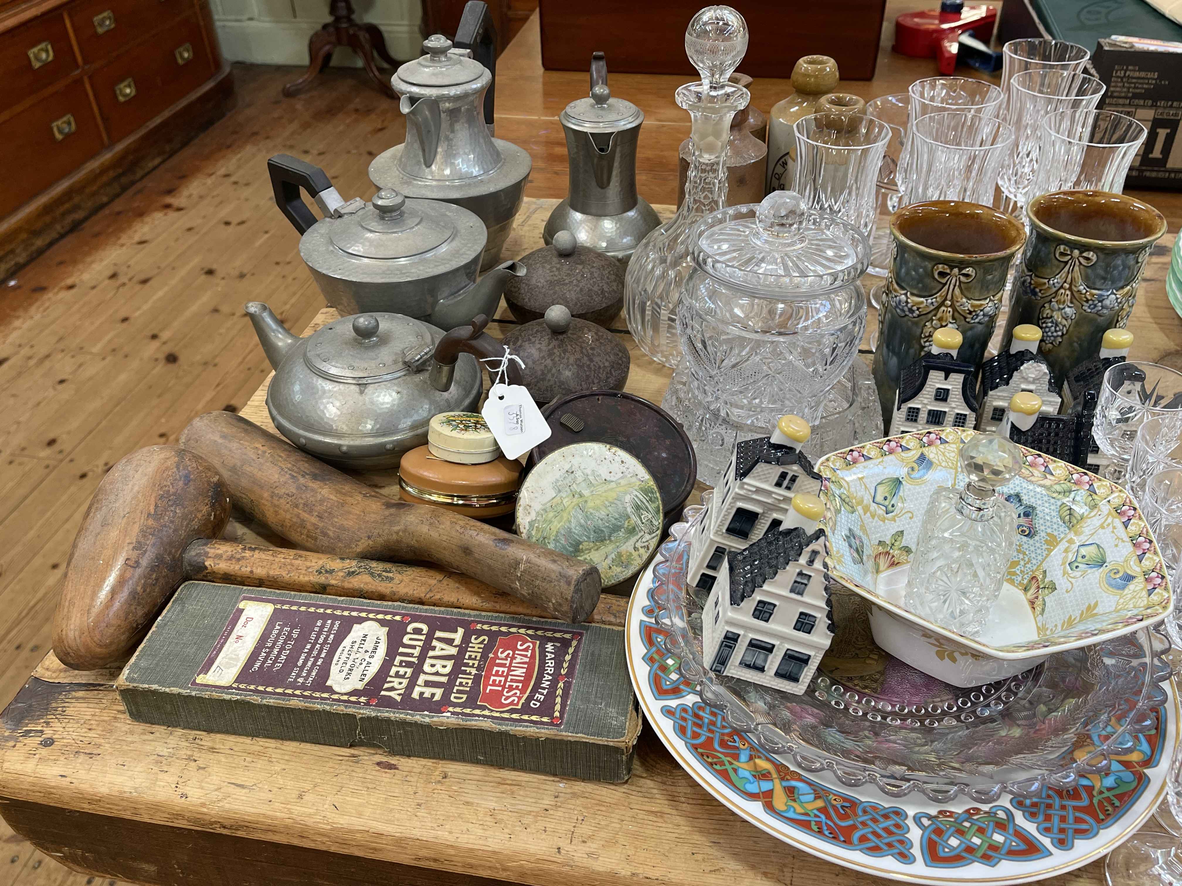 Pewter beaten jugs, Royal Doulton Stoneware vases, KLM houses, Stoneware beer bottles, glass, etc.
