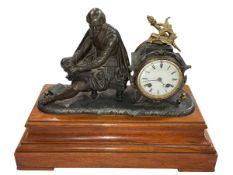 Ornate spelter Shakespeare figure clock on wood base, 32cm.