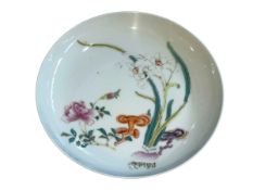 Small Chinese porcelain saucer dish decorated with floral design, six character mark to base, 16.