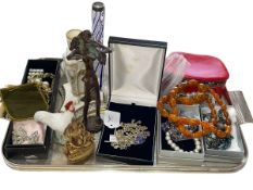 String of amber coloured beads and other costume jewellery, Royal Worcester candlestick,