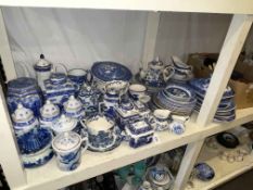 Collection of blue and white pottery including Ringtons, Old Willow, etc,