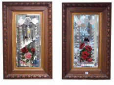 Pair Edwardian oak framed etched and floral painted wall mirrors, 82.5cm by 52.5cm including frame.