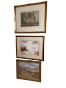 Collection of seven various pictures including Moorland oil, watercolours, etc.