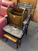 19th Century adjustable barbers chair (evidence of woodworm), oak stool and magazine rack (3).