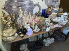 Collection of figurines, metalwares, part tea wares, vases, etc.